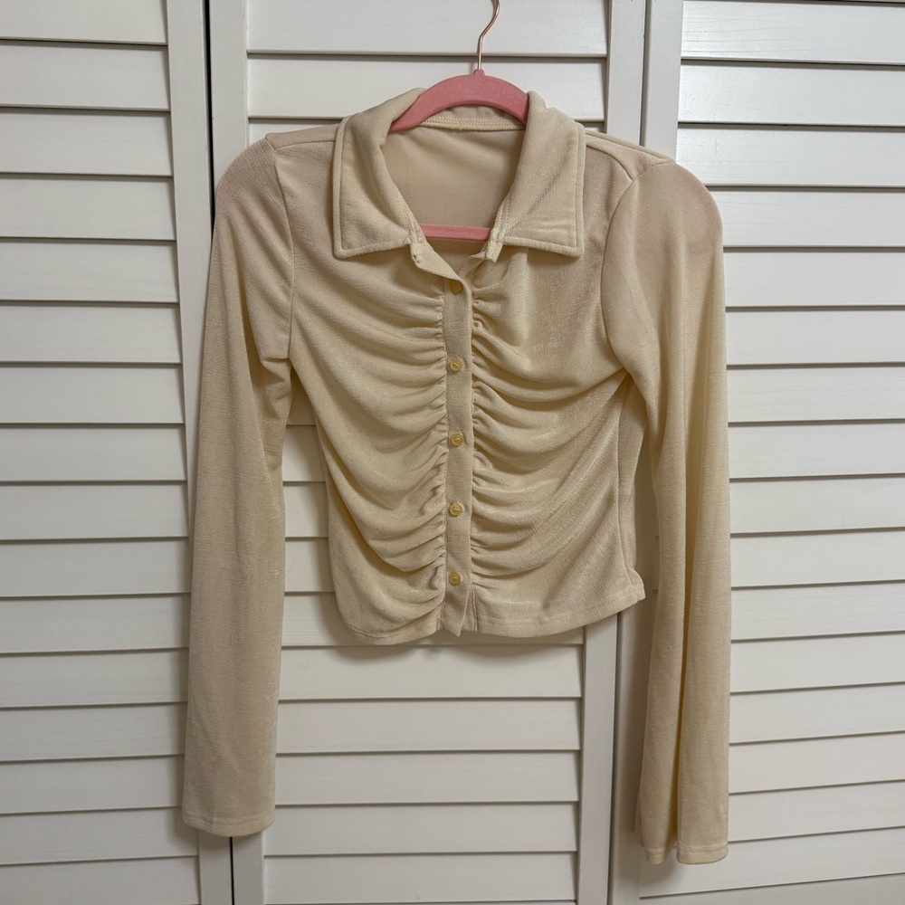 Cream Long Sleeve Ruched Top - Picture 2 of 3